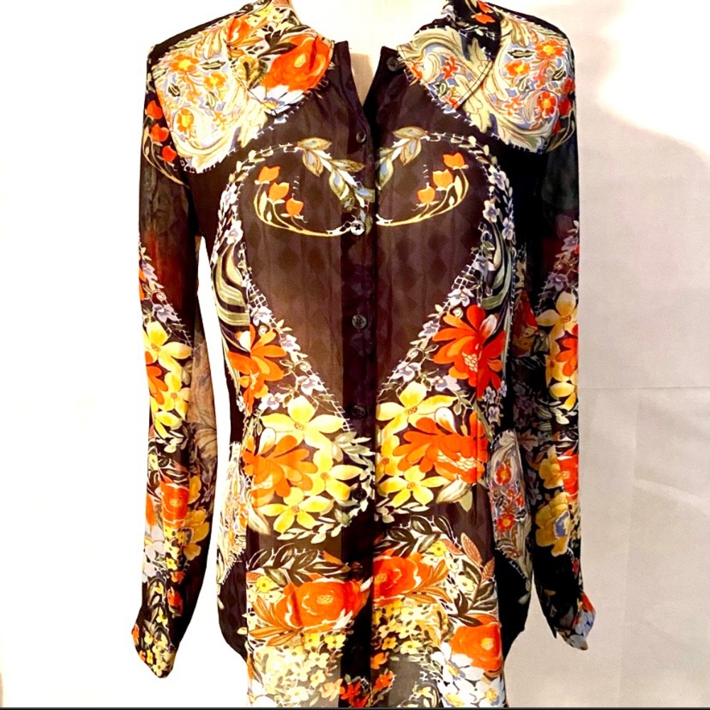 Cabi Sheer long sleeve button up blouse with Peter Pan collar